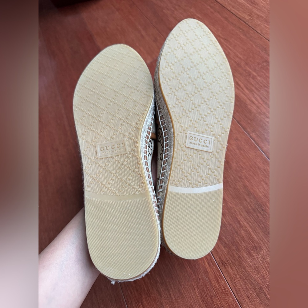 Gucci Pilar Horsebit GG Logo Print Espadrilles Flats Camel Ebony EU39.5 US 9.5 - Picture 8 of 13